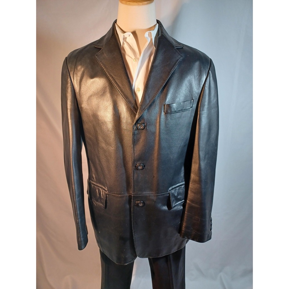 Blazer Jacket‎ Mens Large Black Leather 3 Button Notch Lapel Dressy Casual Coat